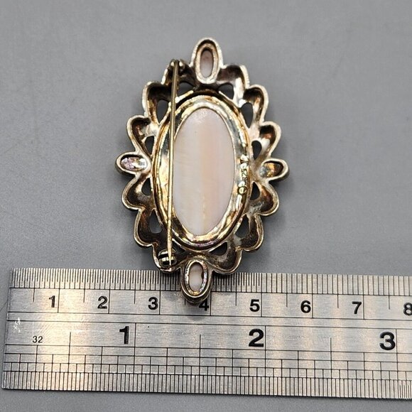 Sterling Silver Marcasite Oval Brooch Pearlescent 15.32g Mother of Pearl - Picture 9 of 12